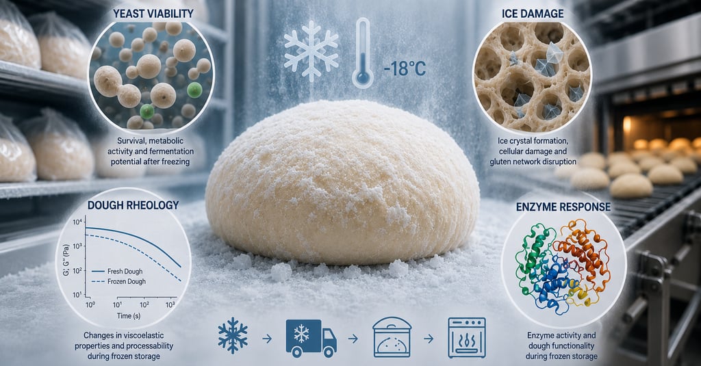 Frozen dough in an industrial bakery with visual callouts for yeast viability