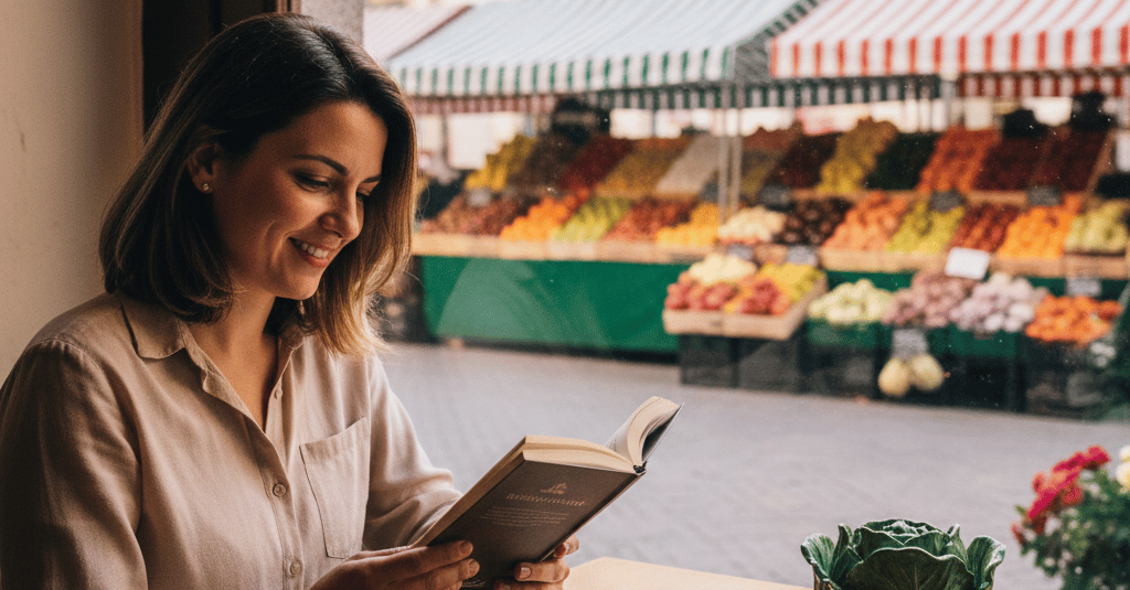 Um pátio ensolarado em Caldas da Rainha com cerâmicas típicas de Bordallo Pinheiro e arquitetura tra