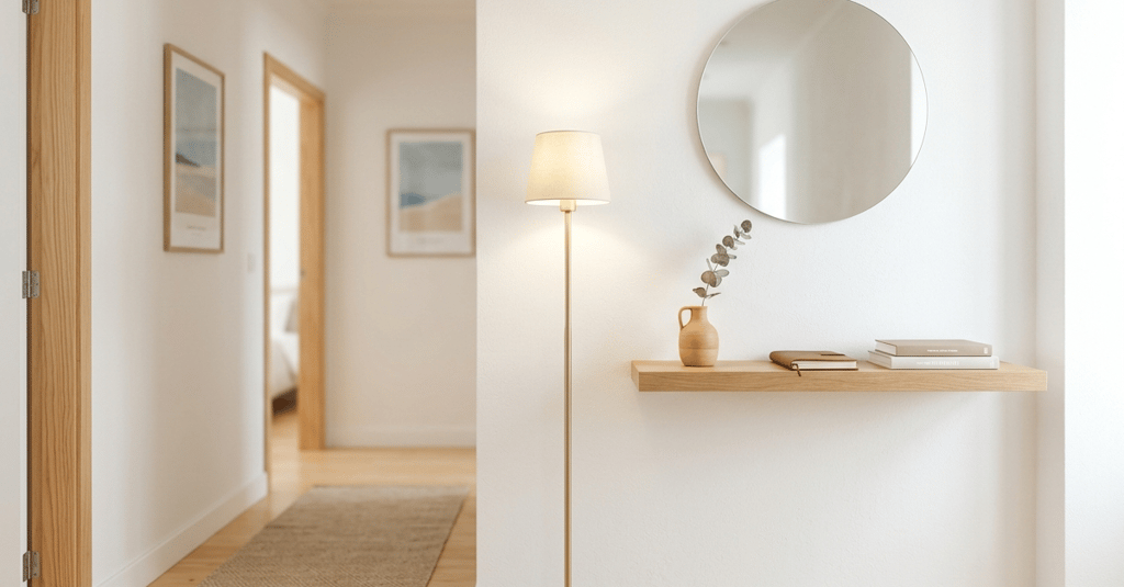 Quarto preparado com home staging, paredes claras e iluminação quente neutra, num imóvel pronto para