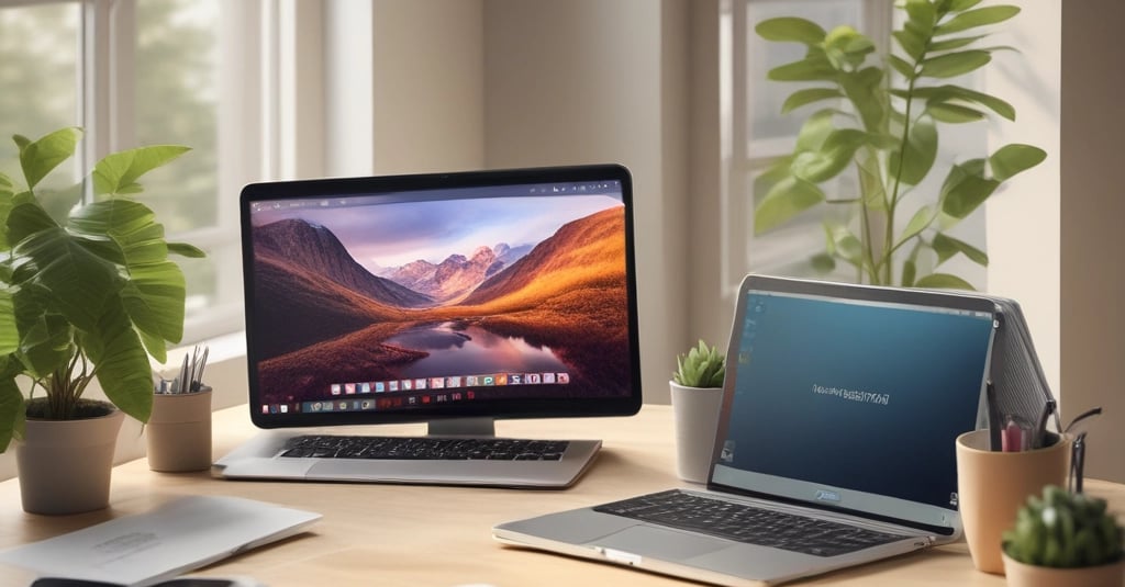 A cozy workspace with a sleek laptop, a cup of coffee, and a small plant basking in natural light.
