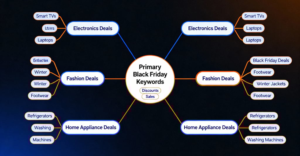 Hub-and-spoke keyword clustering structure with primary Black Friday keywords