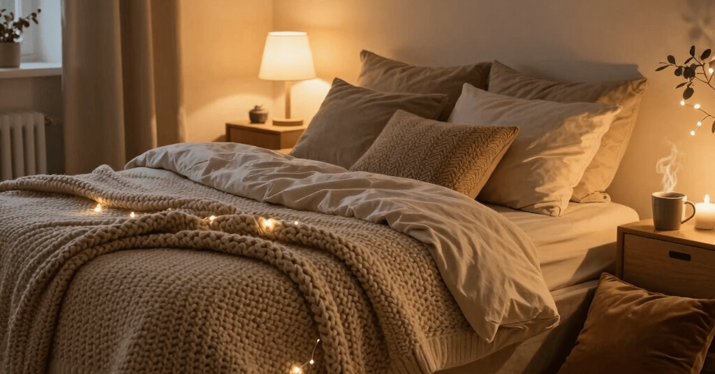A sunlit cozy cottage living room with soft pastel cushions and rustic wooden shelves filled with charming decor.