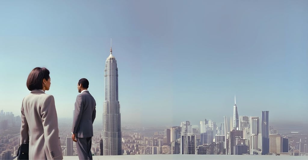 Business professionals overlooking a city skyline symbolizing global business strategy and growth.