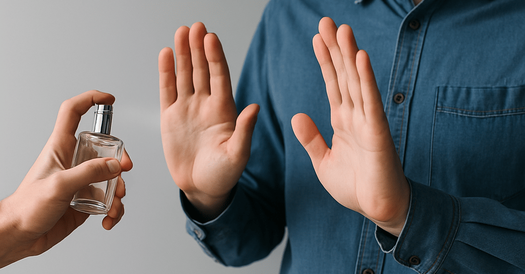 Person in a denim shirt holding up hands to refuse a perfume spray being offered.