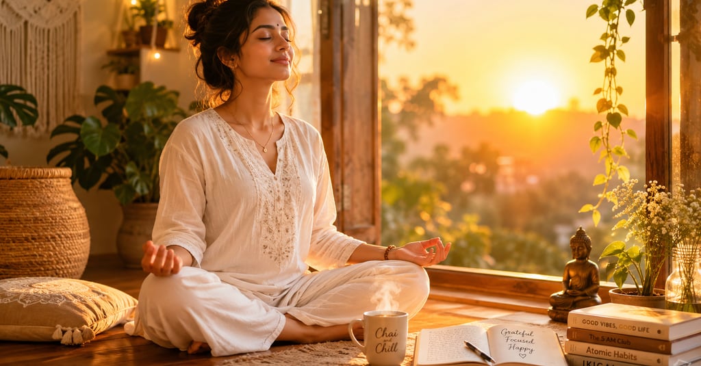 A woman practices morning meditation and mindfulness by a sunny window with a cup of chai and a gratitude journal.