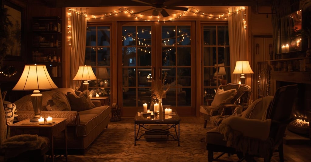 a living room with candles and fairy lights for a good lighting for a cozy night