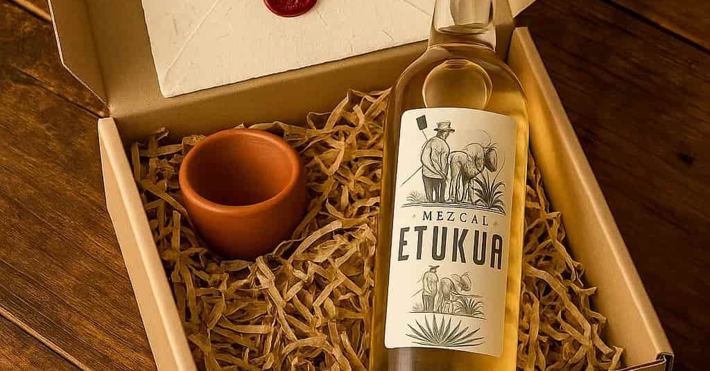 Caja de suscripción premium de Etukua abierta, mostrando una botella de mezcal, un vaso velador