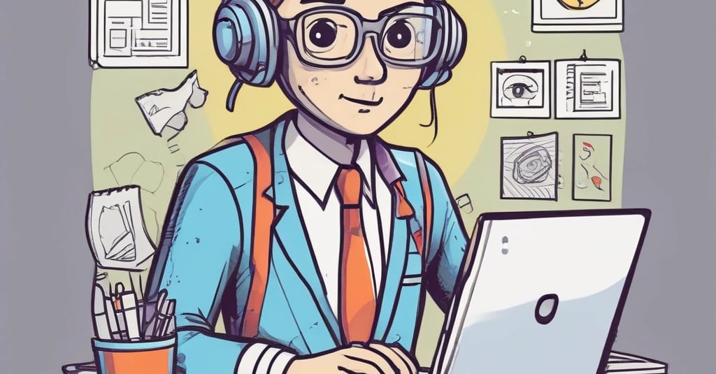 A person wearing a business suit is interacting with a tablet on a desk. The desk is cluttered with papers showing charts, a notebook, a pen, and a mug. A calculator is also visible, and there is a potted plant in the background.