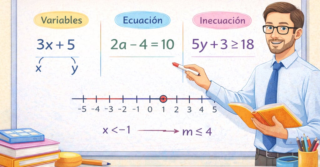 Profesor explicando matemáticas en una pizarra, señalando expresiones algebraicas y una recta numérica en el aula