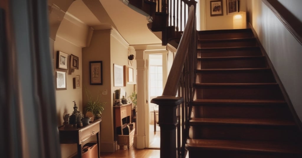 Rustic wooden staircase in a traditional home entryway with warm lighting and hardwood floors.
