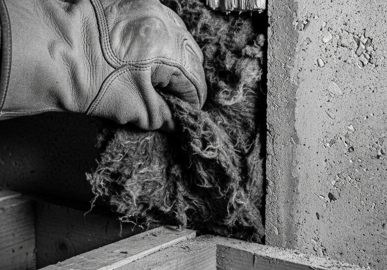 A gloved hand installing mineral wool insulation between wooden studs in a concrete wall.