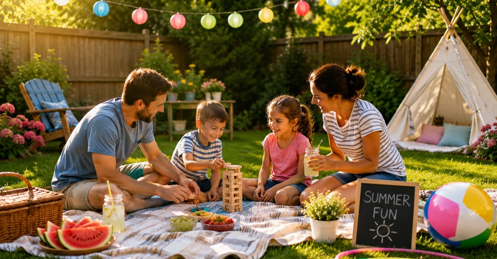 A family enjoying the summer in the backyard with a picnic  and games.