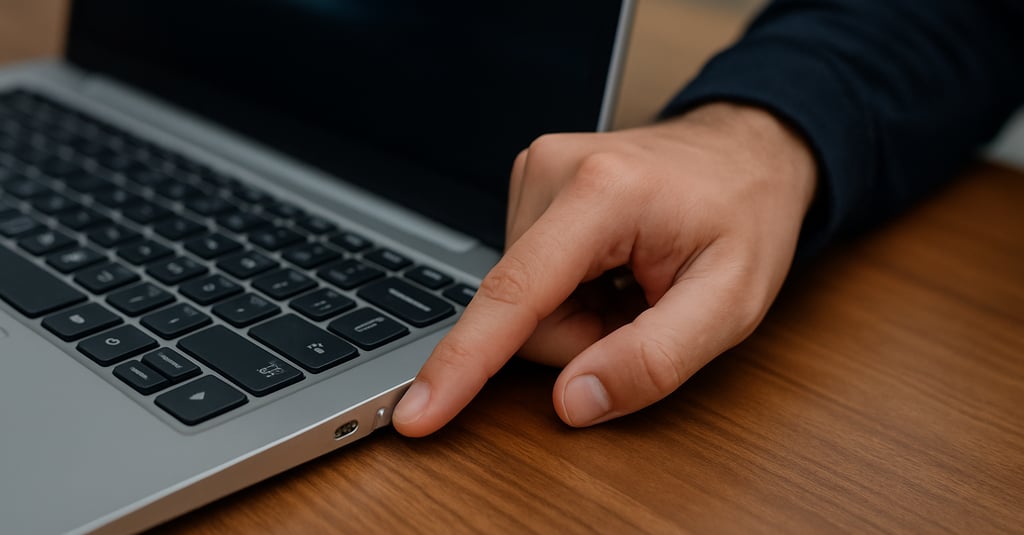 Pessoa pressionando o botão de ligar de um notebook prateado sobre uma mesa de madeira, em um ambien