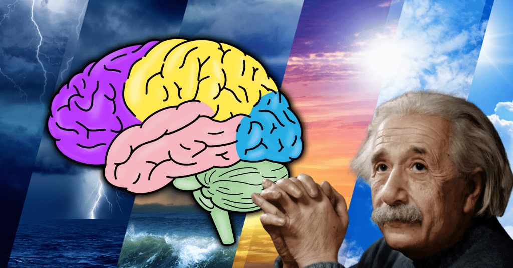 Colorful brain, different weather conditions in the background and, to the right, Albert Einstein.
