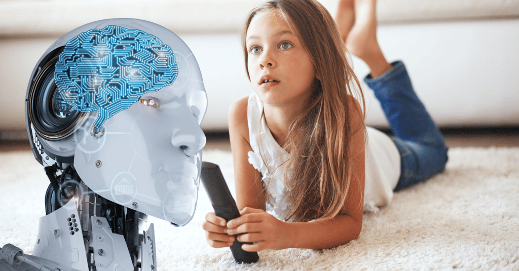 Criança assistindo tv ao lado direito e robo estilo IA na esqueda