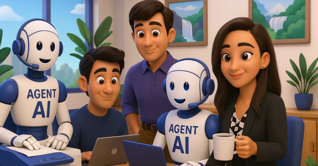 Automatisation des processus administratifs en entreprise : robots intelligents Agent AI travaillant avec des collaborateurs