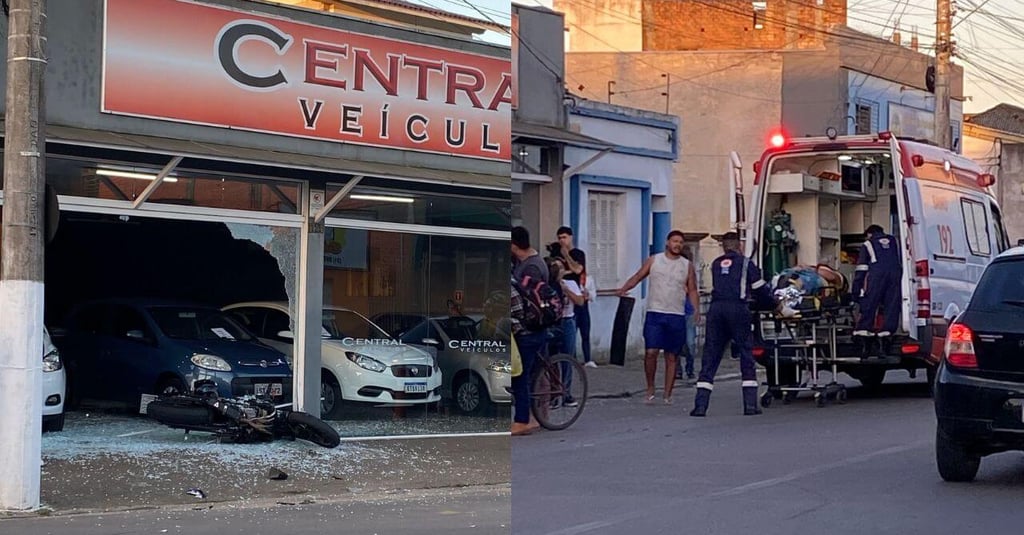 Motocicleta colide com carro e invade revenda de veículos no Centro de Camaquã