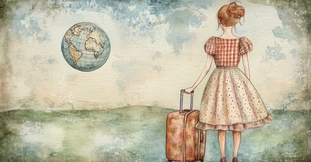 A woman with a suitcase, looks ahead of her, in the distance is a world globe