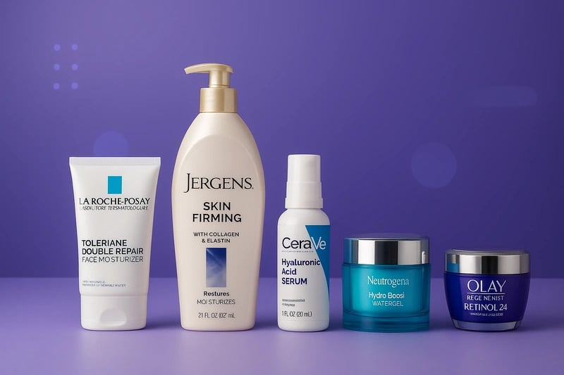 Five trending skincare products on purple background with modern lab style.