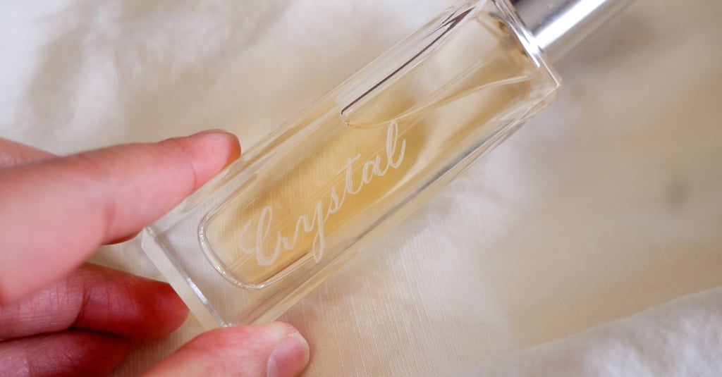 Hand engraved fragrance bottle by NYC engraver Handwritten by Belle.