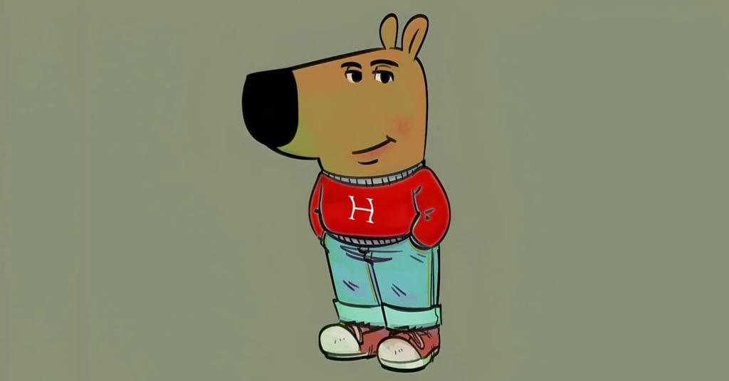a cartoon dog with a red shirt and jeans chill guy