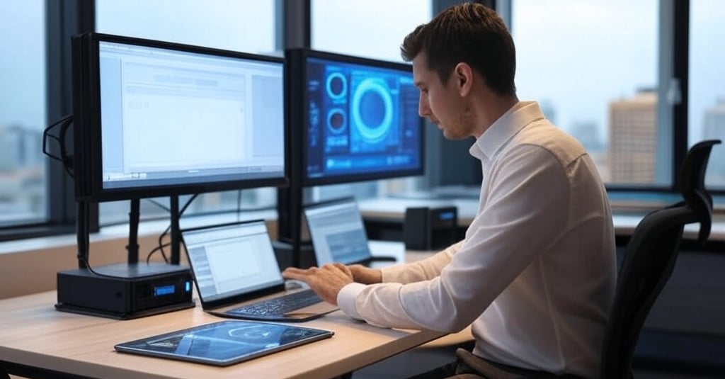 a man sitting at a desk with a laptop and a laptop