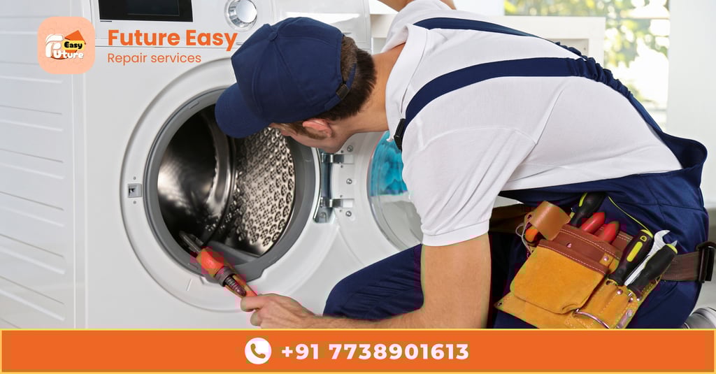 Technician repairing front-load washing machine at home with tools
