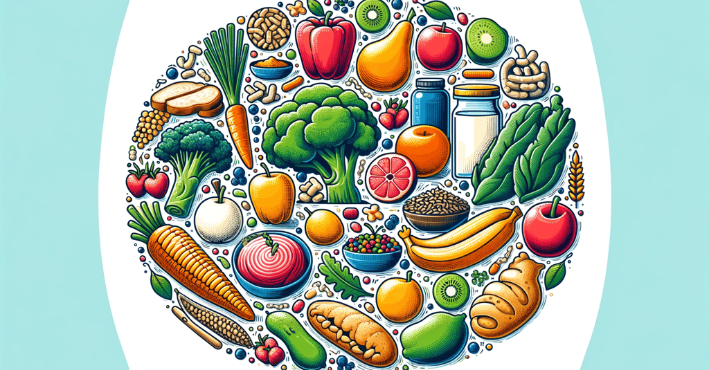 a circle of food items with a blue background