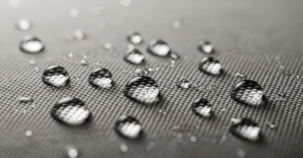 Tetesan air menggumpal di permukaan kain kanvas abu-abu, menunjukkan efek waterproof.