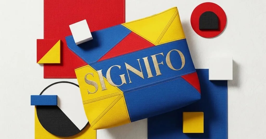 Komposisi flat lay artistik bergaya Bauhaus dengan tas SIGNIFO geometris dan balok warna primer.