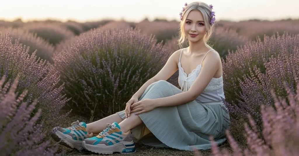 Seorang wanita duduk di antara bunga lavender, memakai sepatu sneakers SIGNIFO Chunky berwarna teal dan rok mint.
