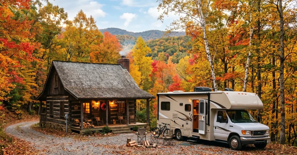 RV parked outside a rustic cabin in fall foliage