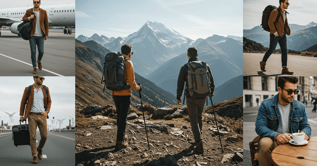 Stylish man in versatile travel outfit confidently walking. Travel fashion for men: lo