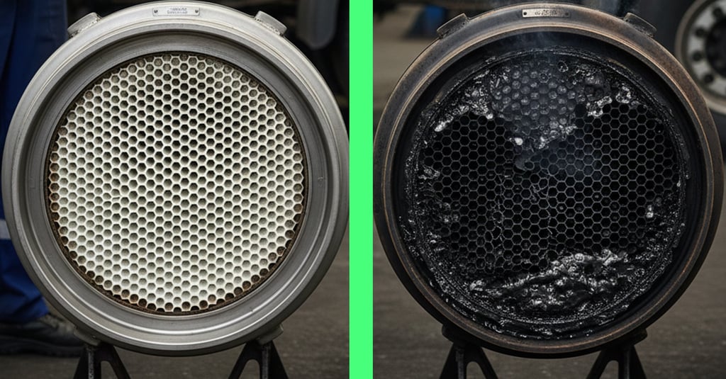 New Volvo FM DPF vs. a severely clogged and heat-damaged unit in a commercial workshop setting.