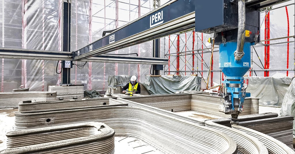 Impresora 3D construyendo una vivienda con tecnología avanzada y materiales .