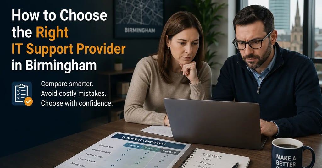 Business professionals comparing IT support providers using laptop and checklist in modern office
