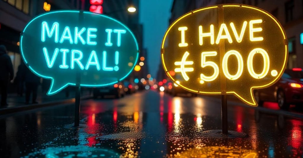 wo speech bubbles: Left—‘Make it viral!’ Right—‘I have ₹500.