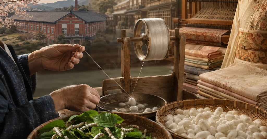 Traditional Japanese silk production showing silkworms, cocoons, and a spinning wheel by a heritage factory.