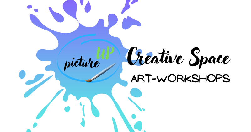 logo pictureup creative space art workshops blue splash with paintbrush and circle line