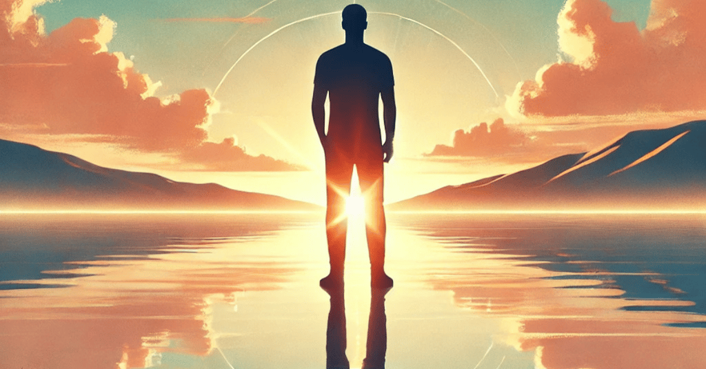 a man standing in the water with a sunset that shows calmness of men's health.