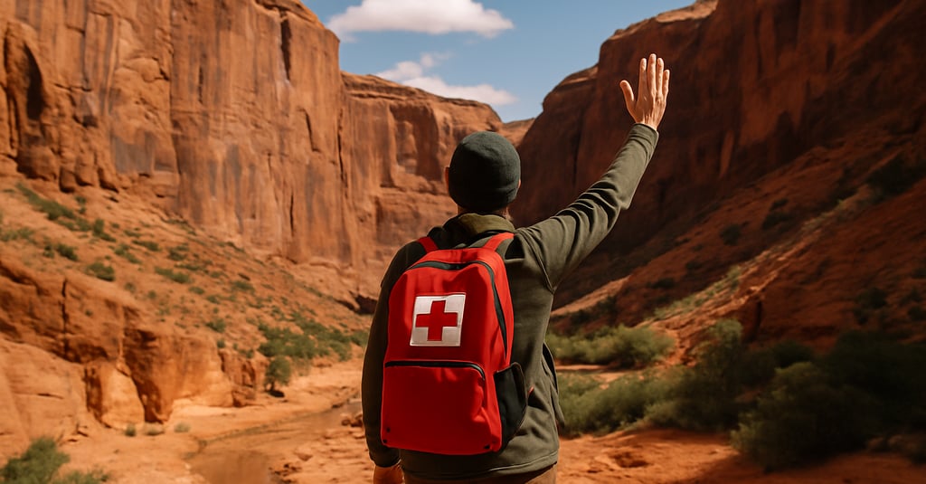 Solo hiker with medical backpack signaling for rescue in remote desert canyon