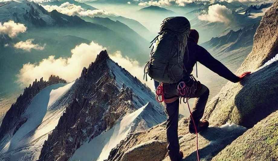 A man climbing a mountain, symbolizing the transformative power of spiritual connection in boosting self-confidence.