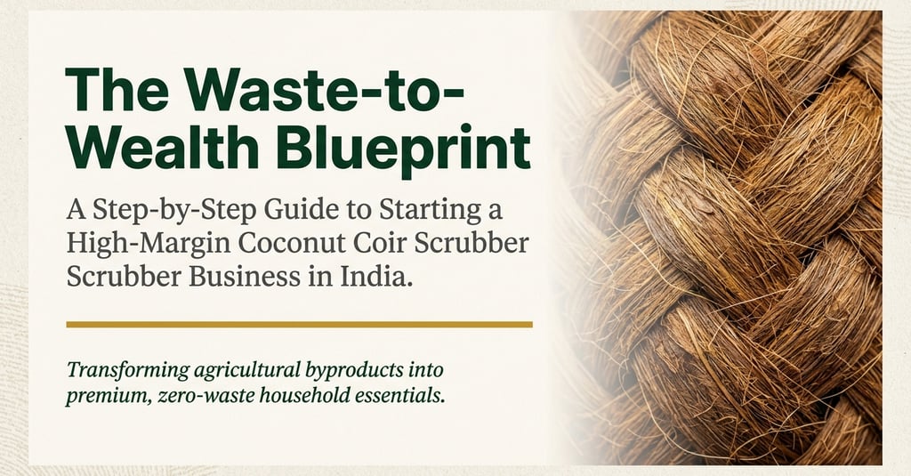 Guide to starting a coconut coir scrubber business in India showing woven natural fiber texture.