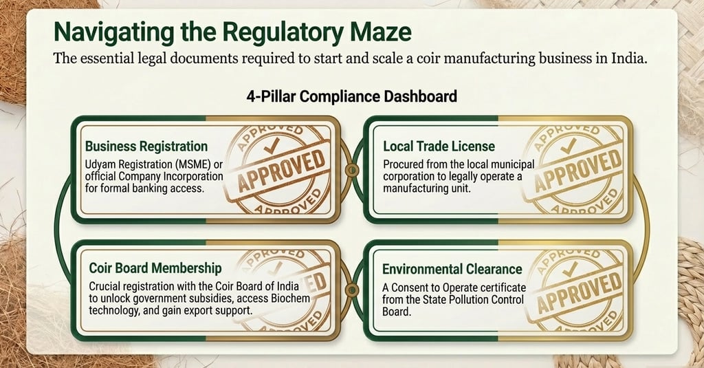 Compliance dashboard showing legal documents for starting a coir manufacturing business in India.