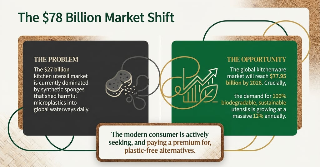 Infographic showing the $78 billion market shift toward biodegradable and plastic-free kitchen utensils.
