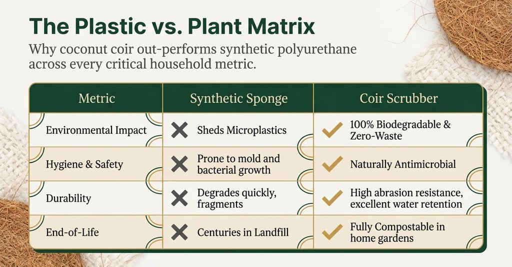 Comparison chart showing benefits of biodegradable coconut coir scrubbers over synthetic polyurethane sponges.