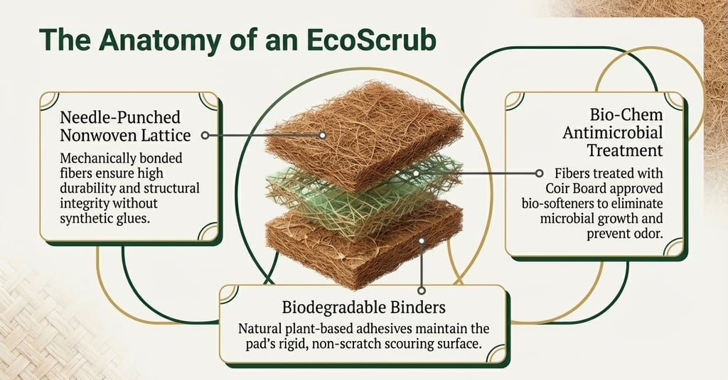 Diagram of an EcoScrub showing coconut coir fiber layers, antimicrobial treatment, and biodegradable binders.