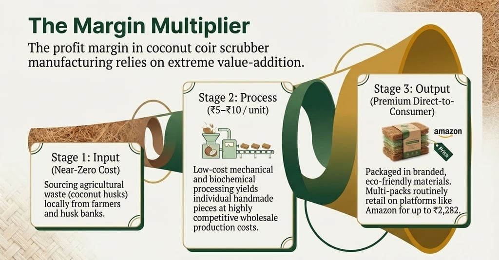 Infographic showing the three stages of coconut coir scrubber manufacturing and profit margins.