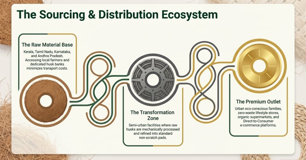 Diagram showing the sourcing and distribution ecosystem of eco-friendly non-scratch pads.