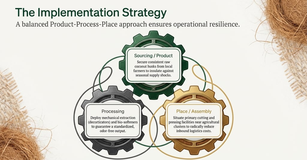 Diagram of an implementation strategy showing sourcing, processing, and assembly using interlocking gear icons.